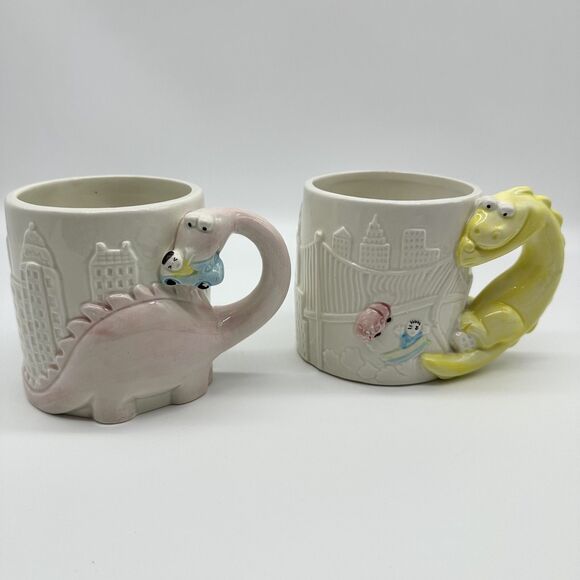 Vtg 1987 Rare Fitz & Floyd Omnibus PINK /Yellow Dinosaur Handle Mug Cup Skyline - Picture 1 of 8